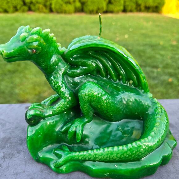 Mythical Candle Two Headed Green Dragon Red Eyes Holding Sphere Unburned *read* - Picture 4 of 15